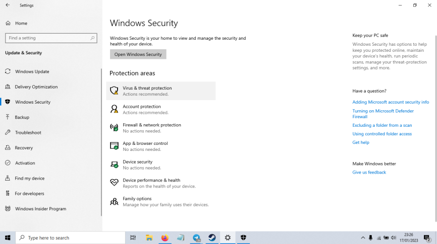 Kemudian anda akan berada di tab Home dari Windows Defender. Lalu pilih “Virus & Threat Protection”