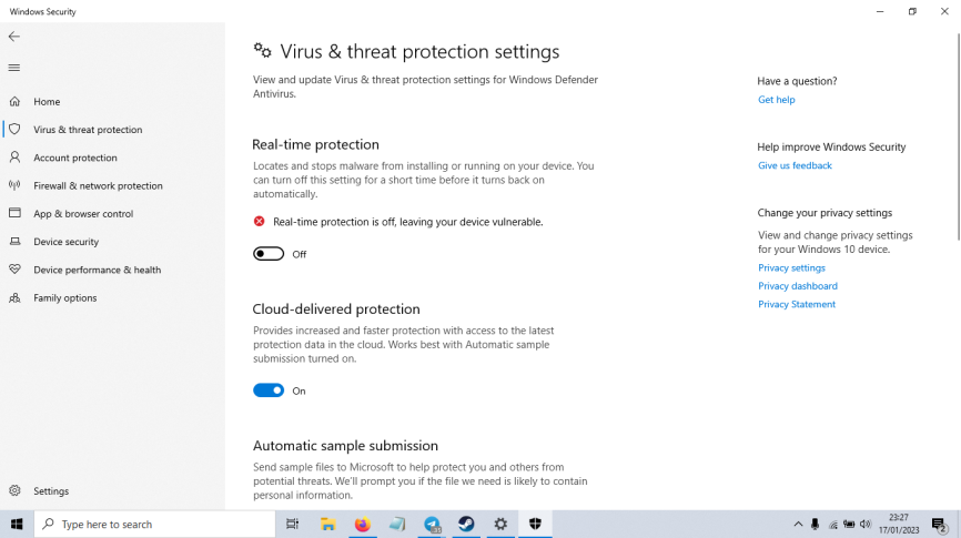 Pada opsi “Real Time Protection” nonaktifkan pada opsi tersebut untuk mematikan Antivirus Windows 10 untuk sementara waktu. - cara mematikan antivirus windows 10